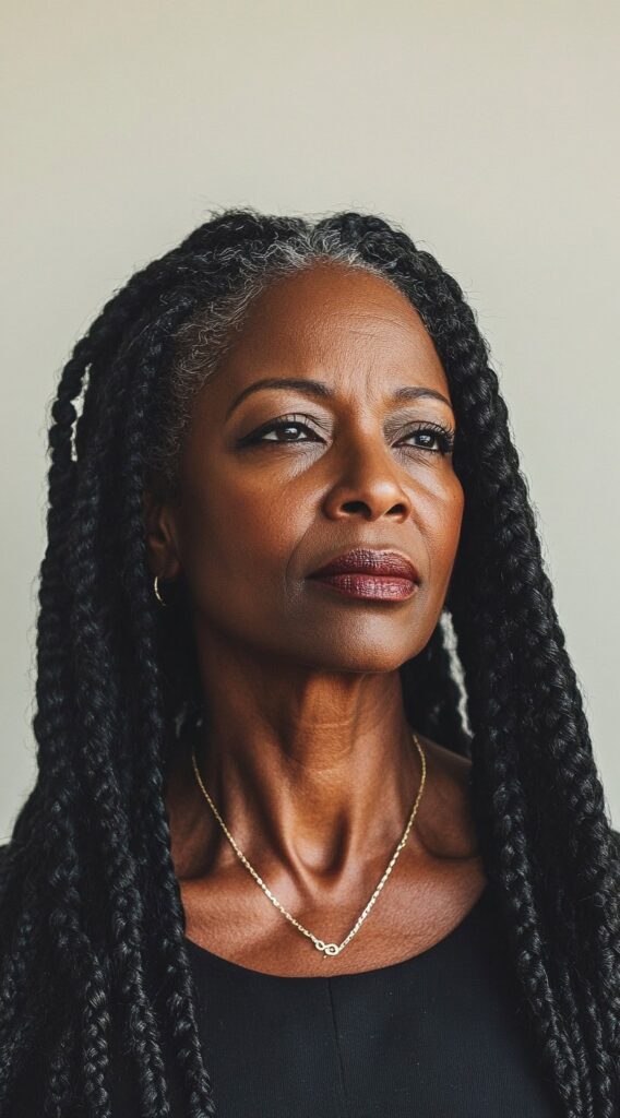 Braids for Older Black Women Over 50: 17 Elegant and Age-Defying Hairstyles to Try 9 waist length box braids with subtle gray