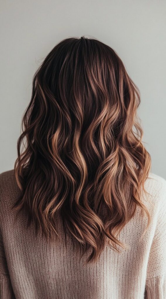 17 Dark Caramel Balayage Ideas: Transform Your Look with Stunning Hair Color Combinations 5 warm caramel balayage with loose waves on mid length hair