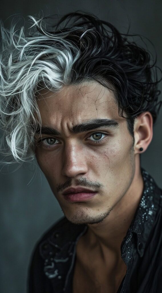 17 Black and White Hairstyles for Men: Stand Out with These Trendy Ideas 2 wavy black hair with white fringe