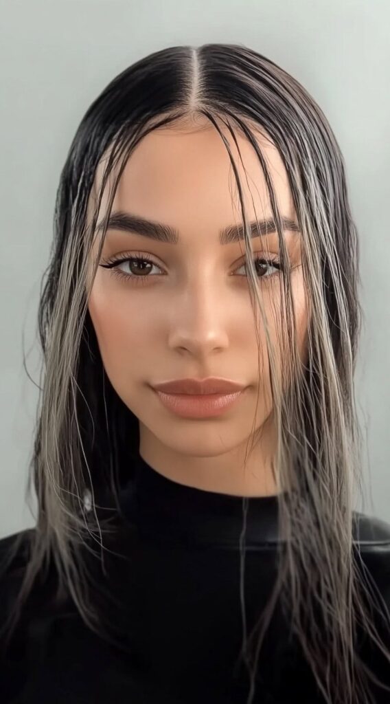 24 Gorgeous Straight Hairstyles 11 wet look straight hair with a middle part