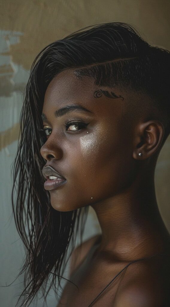 17 One Side Shaved Hairstyles for Black Women That Scream Confidence and Style 6 wet look with side shave