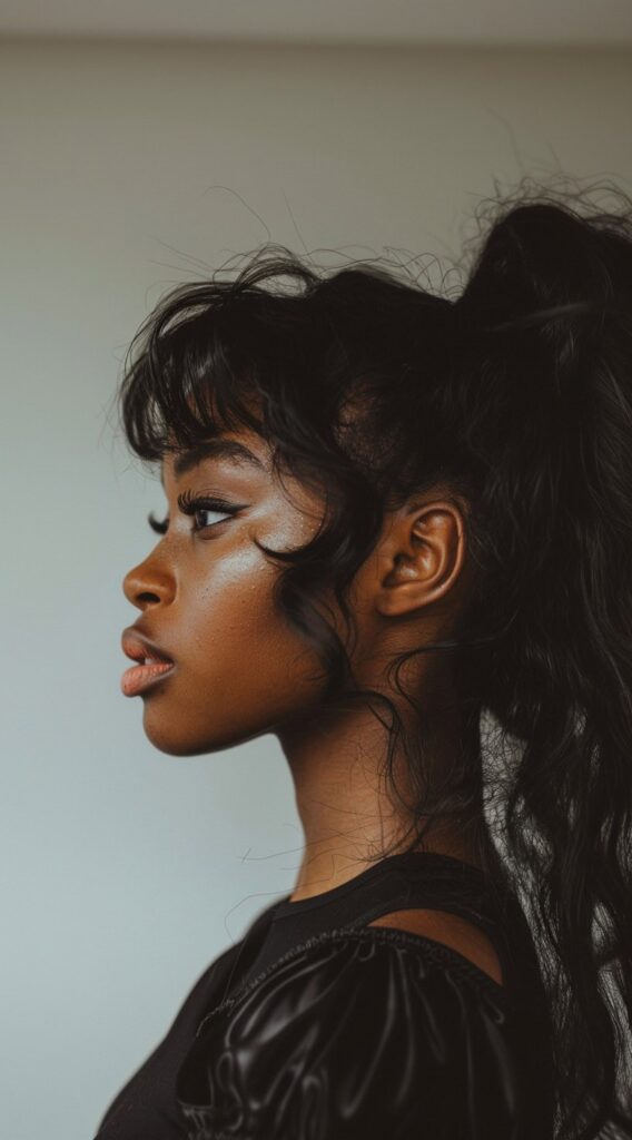 27 Weave Ponytail Hairstyles with Bangs: Chic and Modern Looks for Every Occasion 27 wispy bangs with wavy framing trendrils and a high ponytail