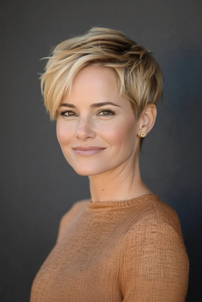 10 Trendy Pixie Hairstyles for Women Over 40 1 1. Soft Layered Pixie in Honey Blonde 1