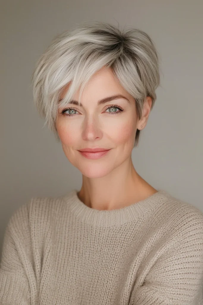 10 Trendy Pixie Hairstyles for Women Over 40 10 10. Feathered Pixie with Pearl Blonde Highlights 2