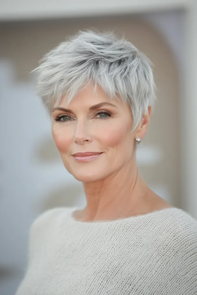 10 Age-Defying Hairstyles for Older Women 2 2. Feathered Pixie with Silver Tones 1