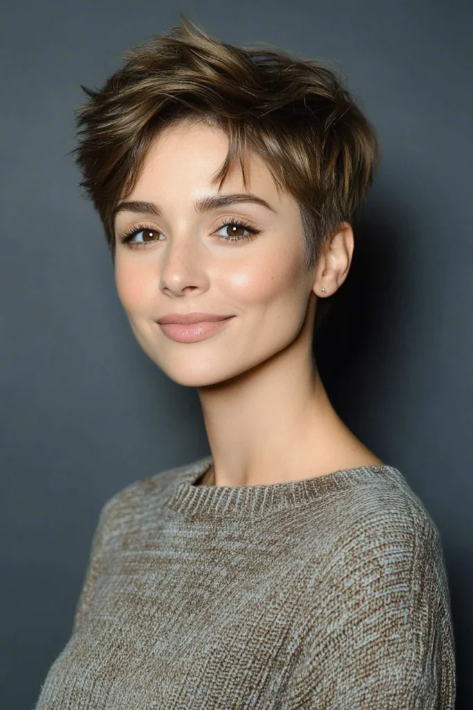 10 Trendy Pixie Hairstyles for Women Over 40 2 2. Textured Pixie with Ash Brown Balayage