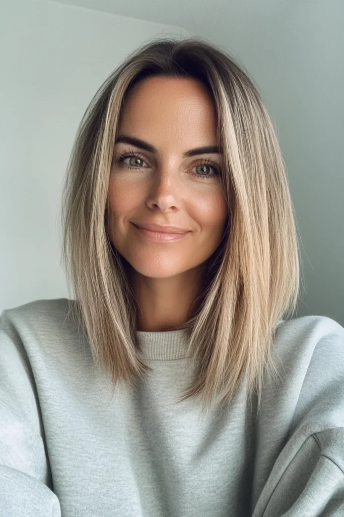 10 Age-Defying Hairstyles for Older Women 3 3. Blunt Cut Lob with Ash Blonde Balayage