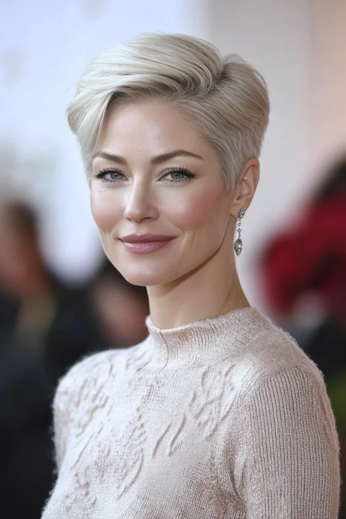 10 Trendy Pixie Hairstyles for Women Over 40 3 3. Sleek Side Parted Pixie in Icy Platinum