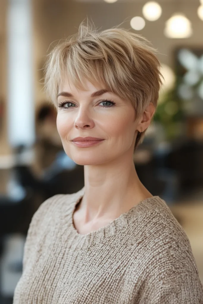 10 Trendy Pixie Hairstyles for Women Over 40 4 4. Tousled Pixie with Sandy Blonde Tones