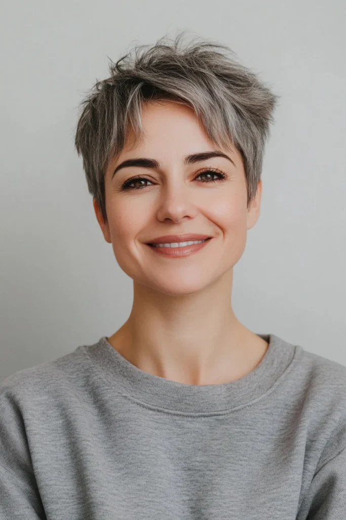 10 Trendy Pixie Hairstyles for Women Over 40 5 5. Choppy Pixie with Smoky Silver Highlights 1