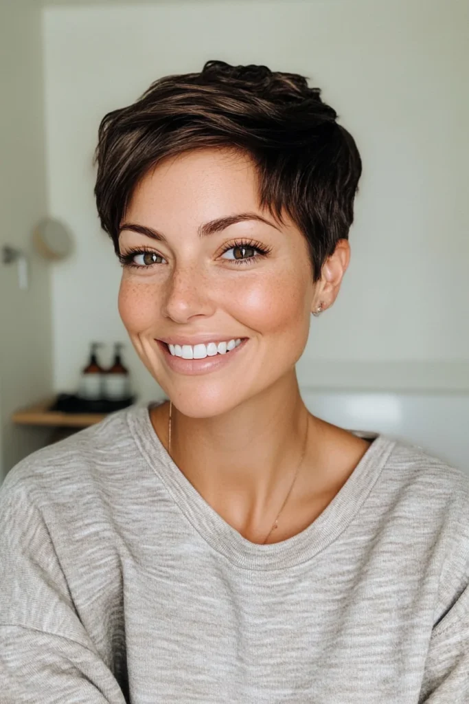 10 Trendy Pixie Hairstyles for Women Over 40 6 6. Classic Cropped Pixie in Deep Espresso 1