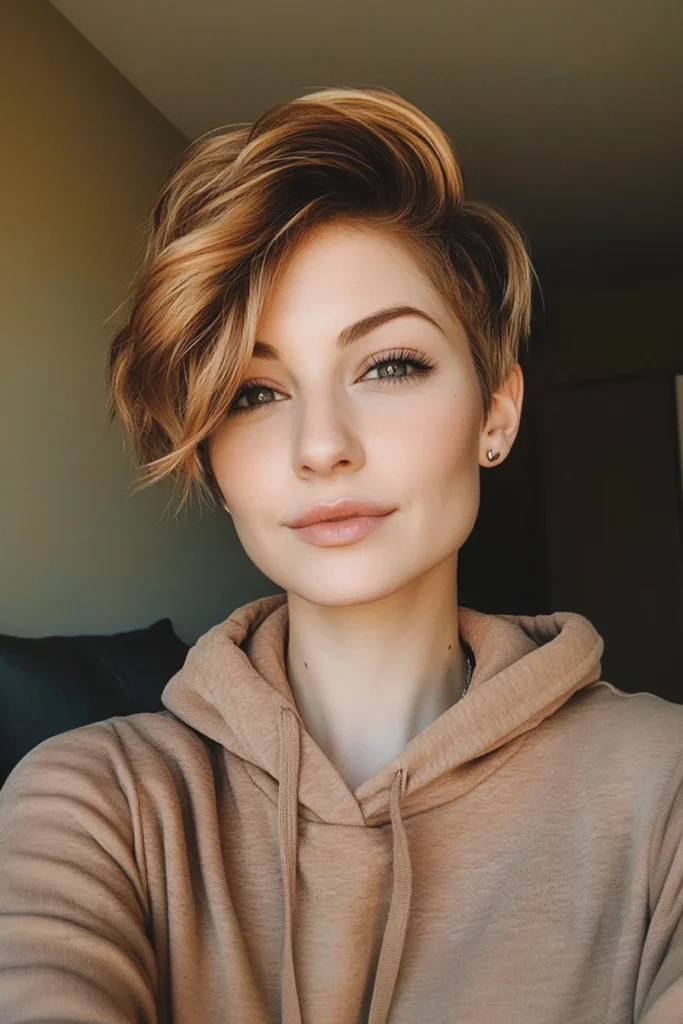 10 Trendy Pixie Hairstyles for Women Over 40 7 7. Asymmetrical Pixie with Caramel Balayage 1