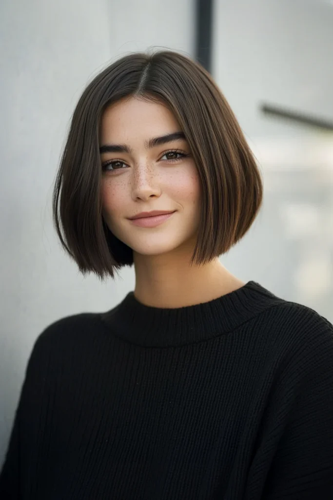 10 Stylish Bob Hairstyles for Thin Hair 7 7. Collarbone Length Blunt Bob in Espresso Brown 1