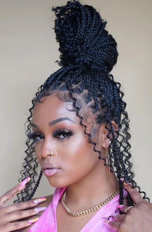 10 Small Box Braids Hairstyles 8 8. Knotless Bohemian Braids in High Bun 1