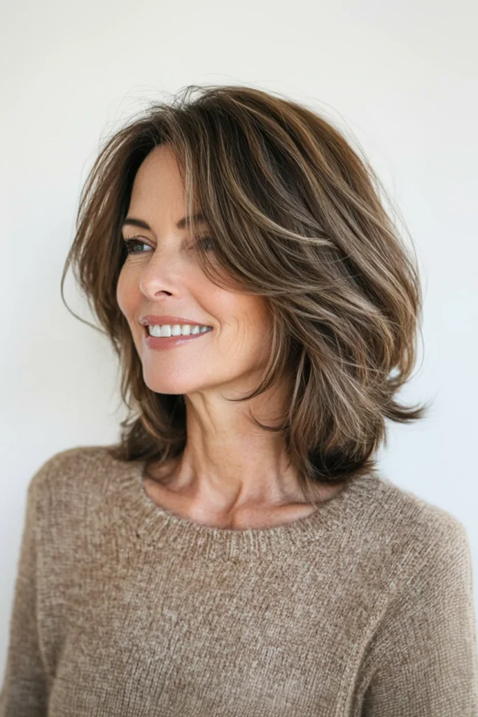 10 Age-Defying Hairstyles for Older Women 9 9. Angled Lob with Soft Mocha Highlights