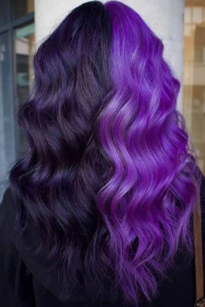 12 Vibrant Hairstyle Ideas for Purple Hair 11 Black Purple Split Hair