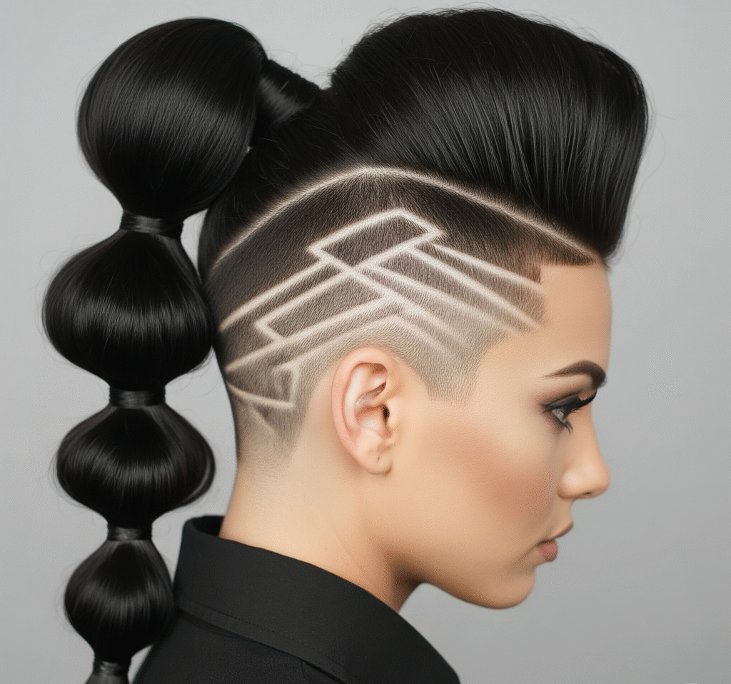 18 Shaved Sides with Ponytail for Black Women 14 Bubble Ponytail with Geometric Undercut