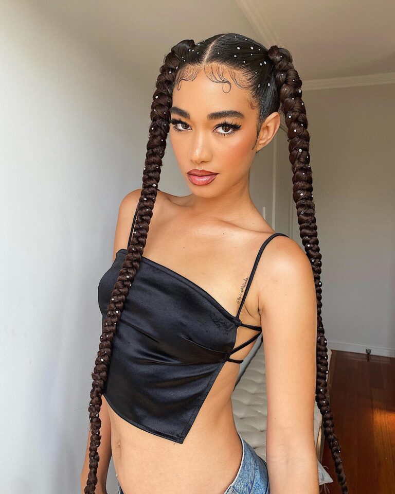 10 Sassy Hairstyles for Coachella 3 Long Sleek Braided Pigtails Decorated With Stones 768x960 2