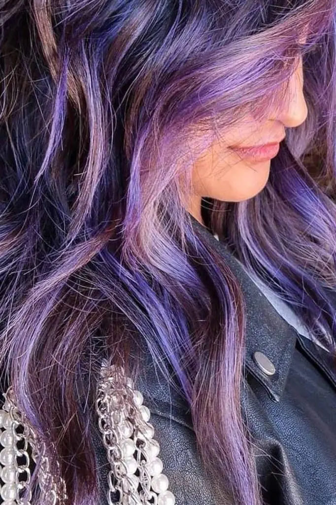 12 Vibrant Hairstyle Ideas for Purple Hair 6 Multi Colored Purple Highlights on Long Hair