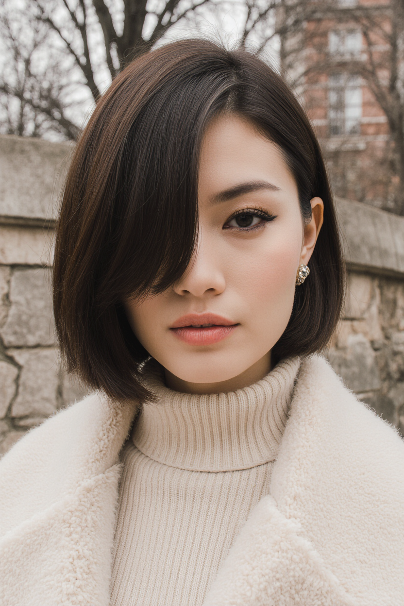17 Bangs Covering One Eye Hairstyle Ideas 16 Sleek Bob with Sharp Side Part