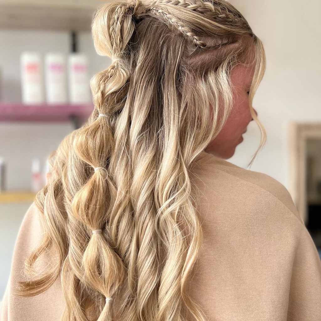 15 Beautiful Festive Easter Hairstyles! 2 Long Blonde Wavy Hair With Half Up Half Down Bubble Ponytail and Braids