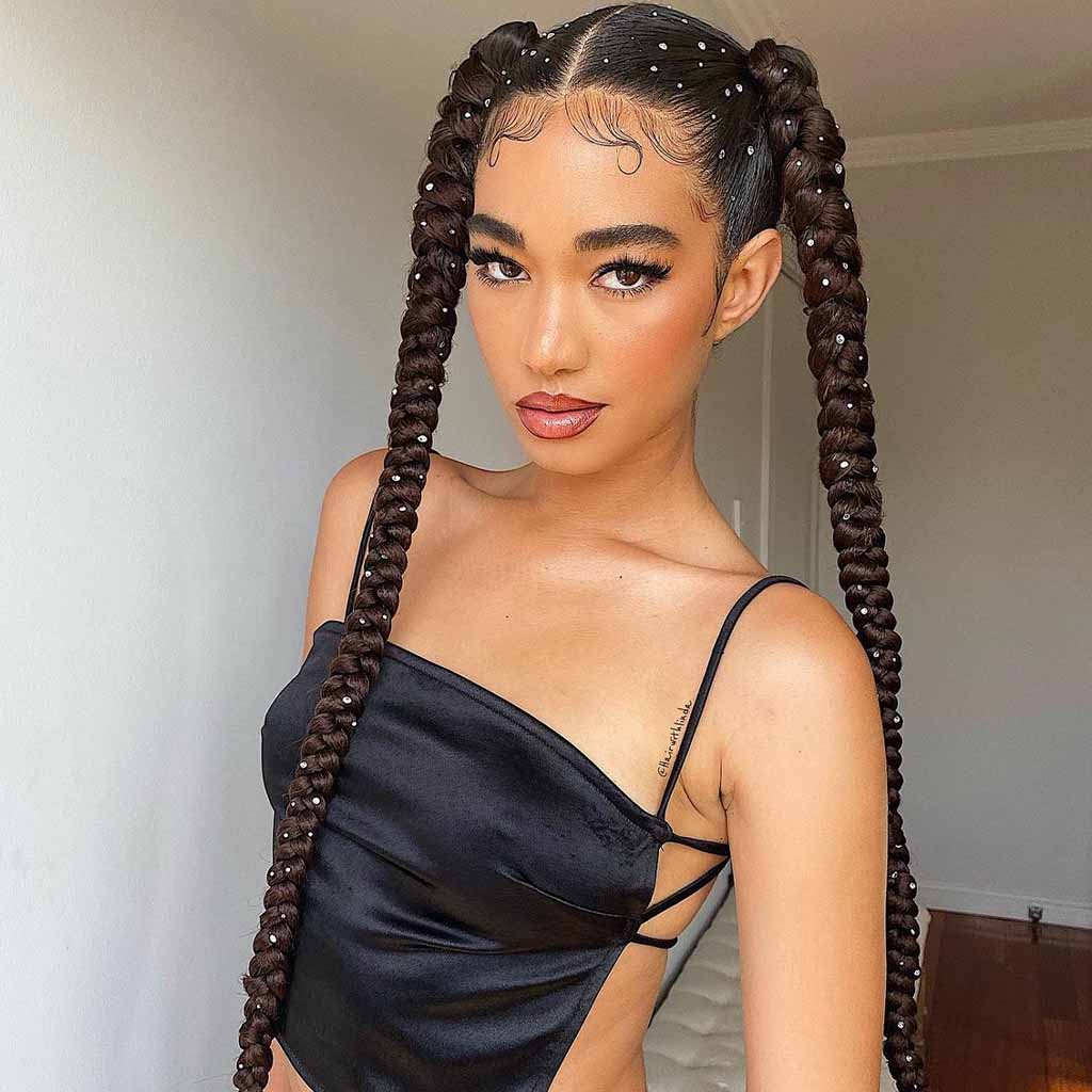 20 Sassy Hairstyles for Coachella! 4 Long Sleek Braided Pigtails Decorated With Stones