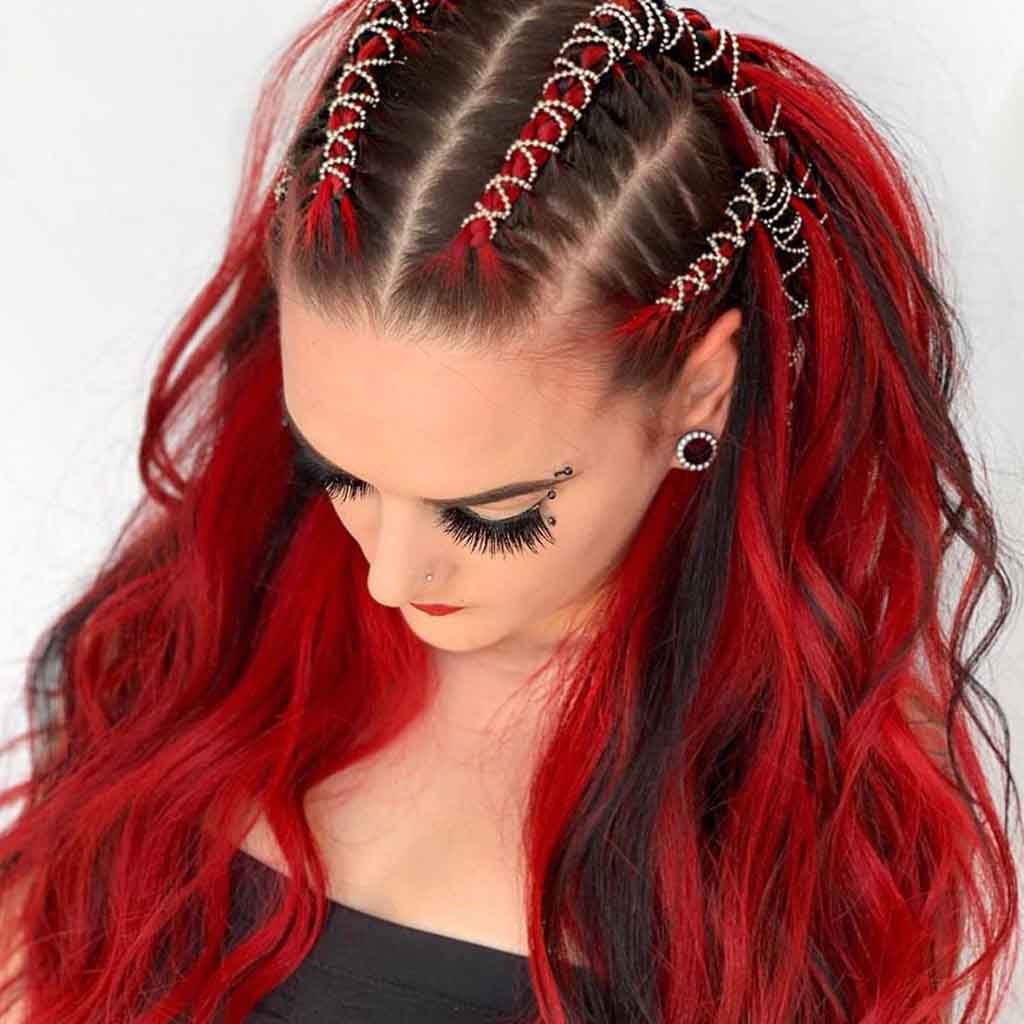 Long Wavy Bright Cherry Bomb Hair With Cornrows