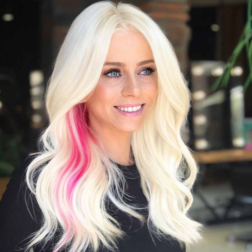 25 Sultry Summer Haircuts for Women! 12 Icy Blonde Long Wavy Layered Hair With Pink Chunks