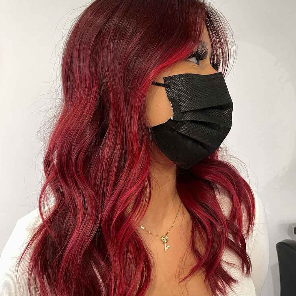 Dark Cherry Bomb Color on Medium Wavy Hair With Money Pieces