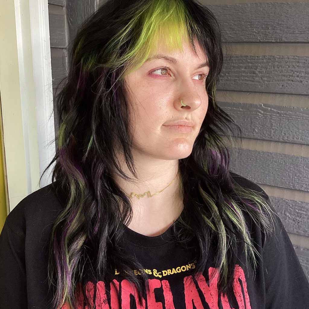 15 Intense Emo Shag Haircuts! 2 Medium Wavy Black Shag Hair With Lime Green Highlights