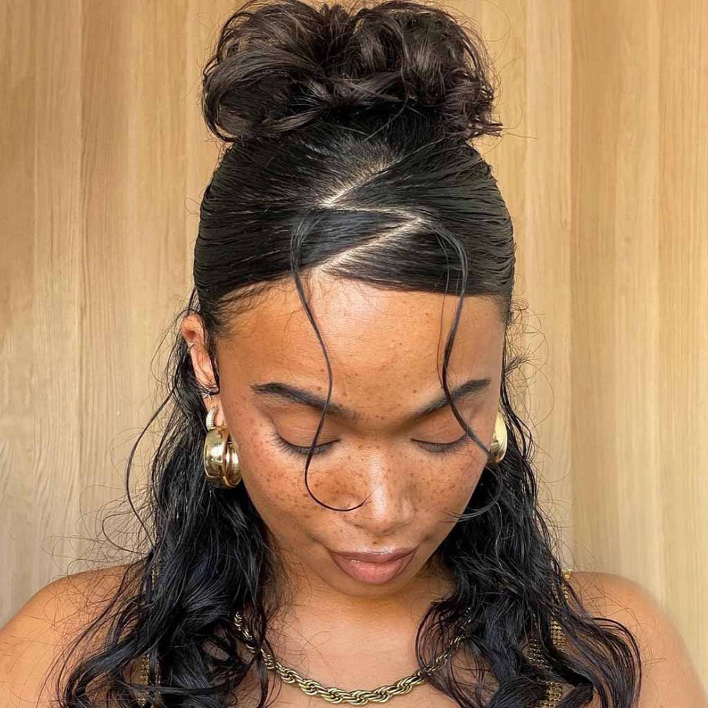 15 Stunning Bun Hairstyles for Elegance! 2 Half-Up Half-Up Curly Bun With Zig-Zag Front With Tendrils