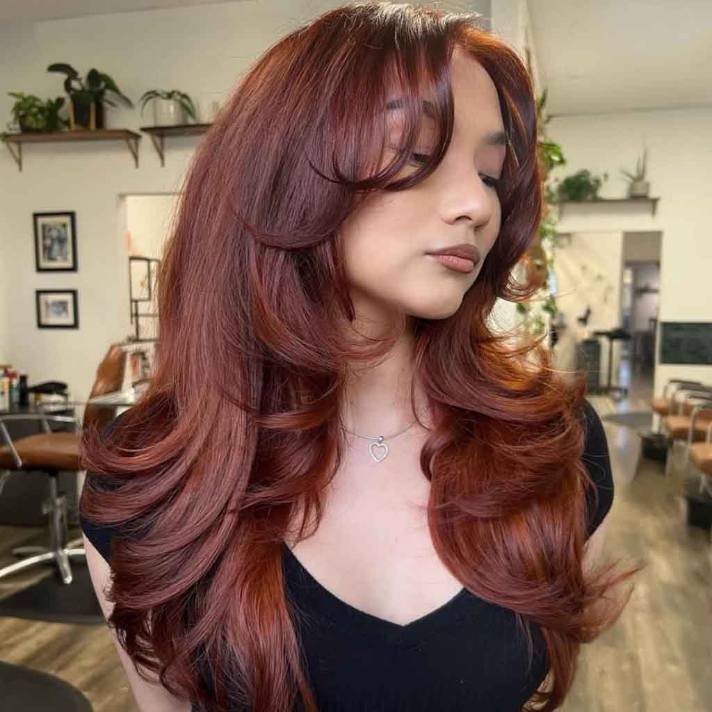 15 Retro 90s Blowout Hairstyles! 4 Long Layers 90s Blowout Cut on Copper Hair With Face-Framing Layers