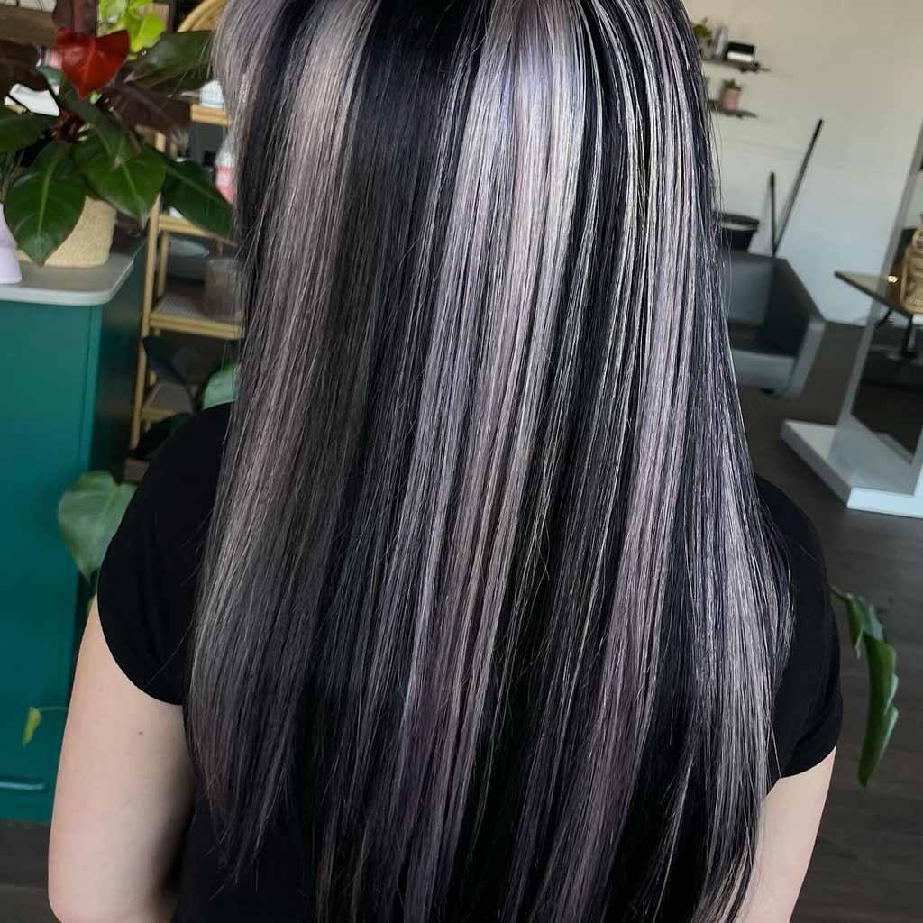 20 Stylish Hairstyles With Chunky Highlights! 6 Silver Highlights on Black Straight Hair