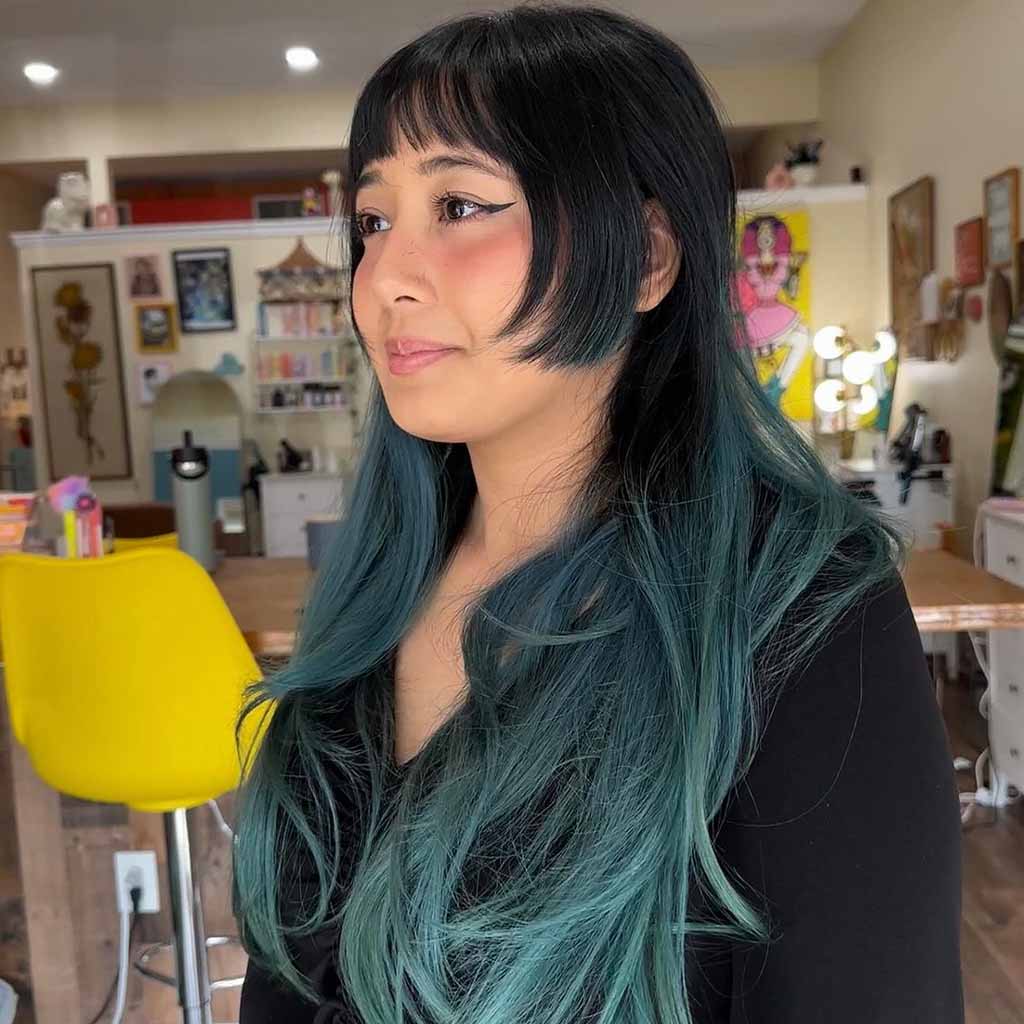 15 Stylish Hime Haircut Ideas! 7 Long Wavy Hime Cut With Teal Highlights
