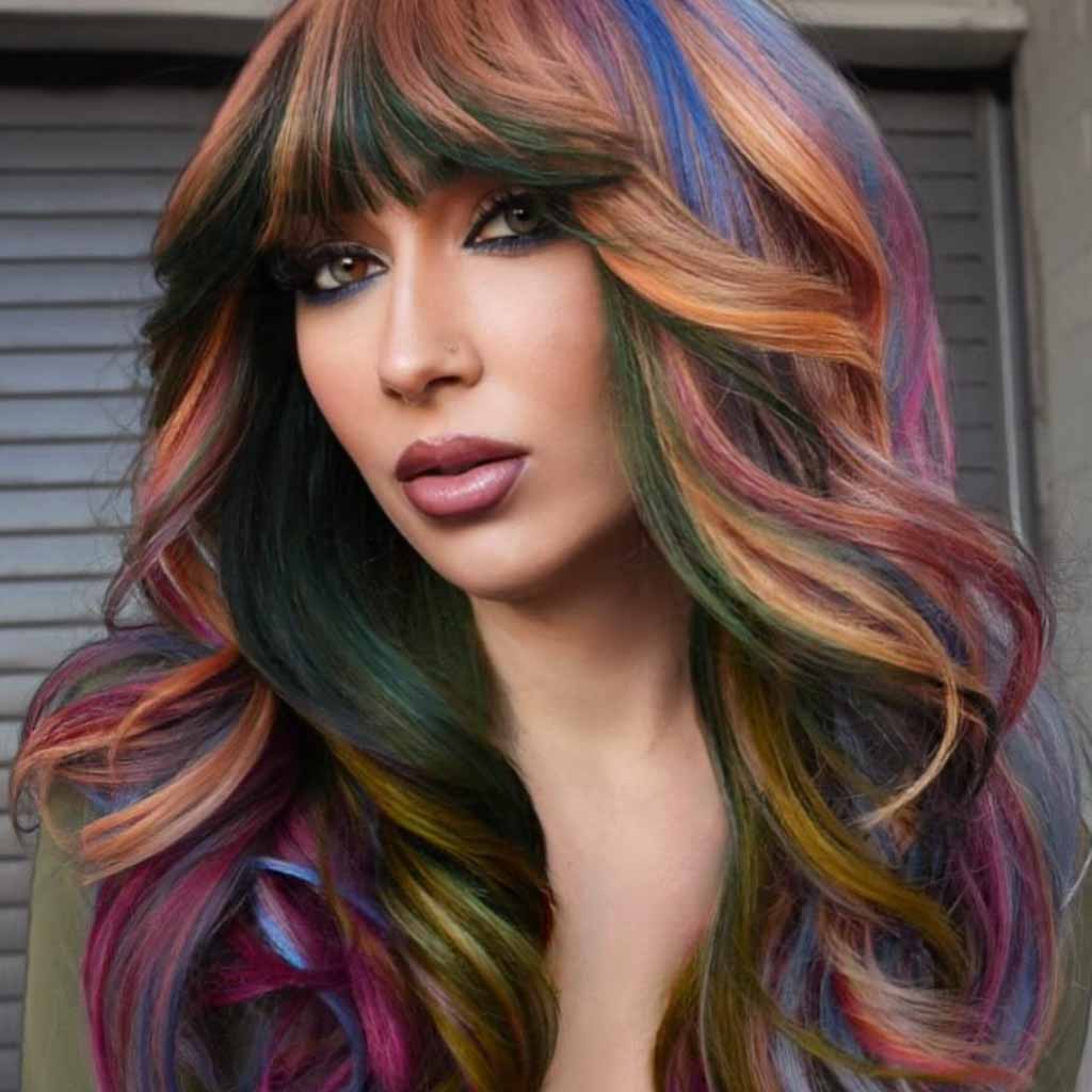 20 Stylish Hairstyles With Chunky Highlights! 8 Floral Inspired Multi-Colored Highlights on Layered Hair With Birkin Bangs
