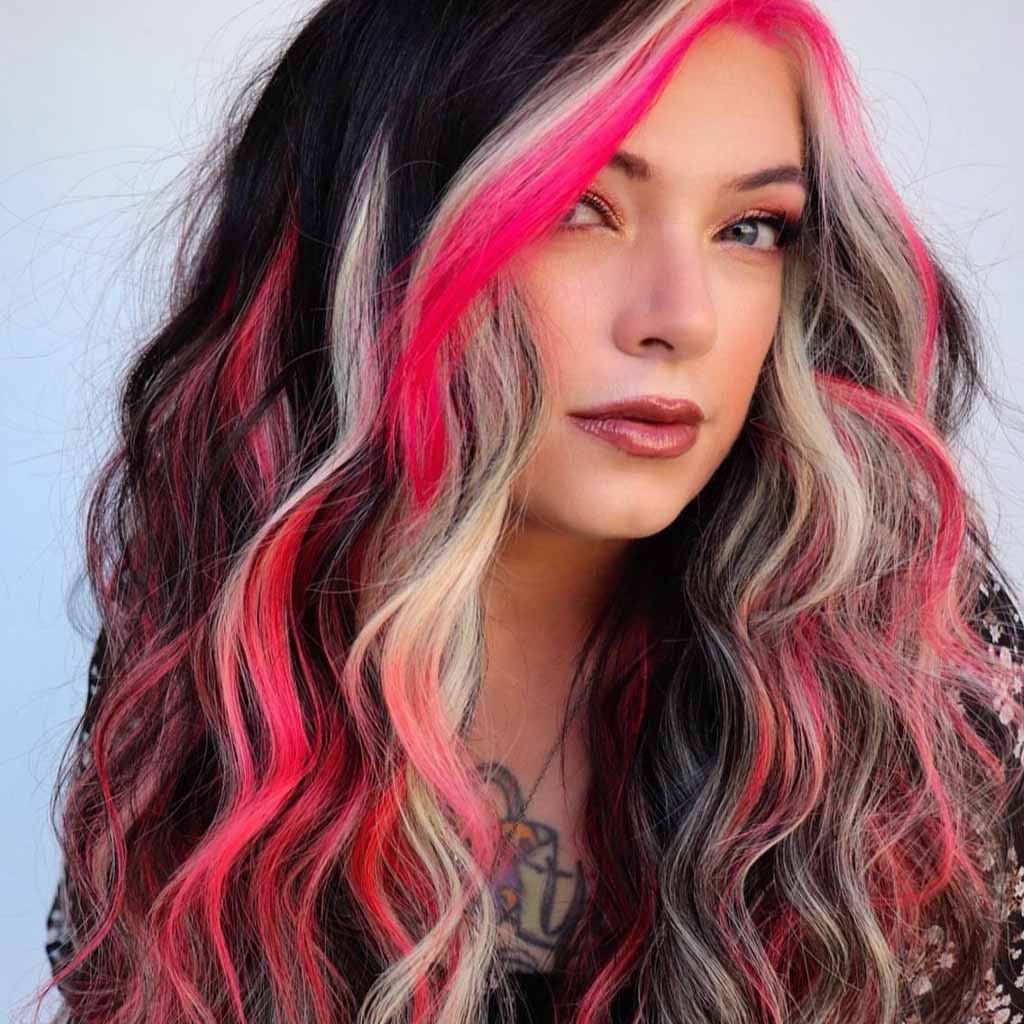 20 Stylish Hairstyles With Chunky Highlights! 10 Red and Ash Blonde Chunks on Long Black Hair