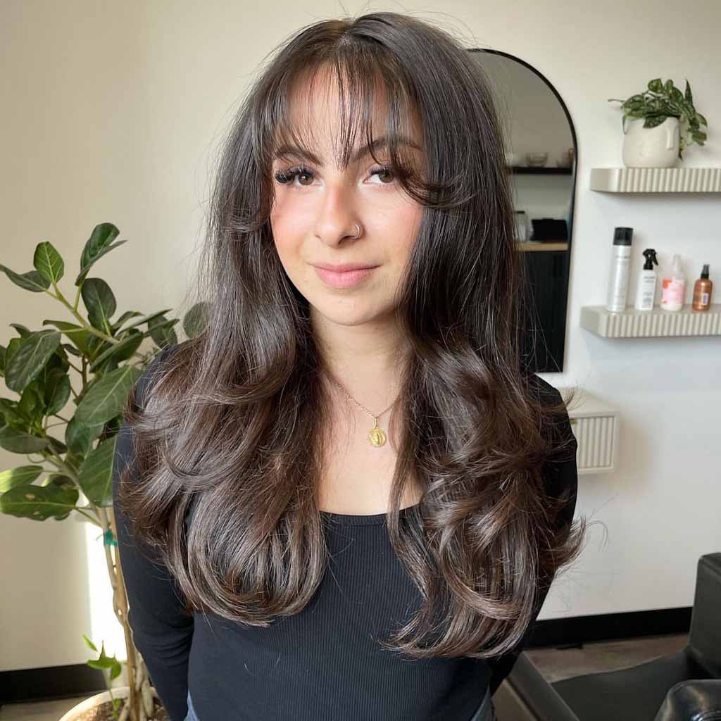 Chocolate Brown Layered Haircut With Wispy Fringe