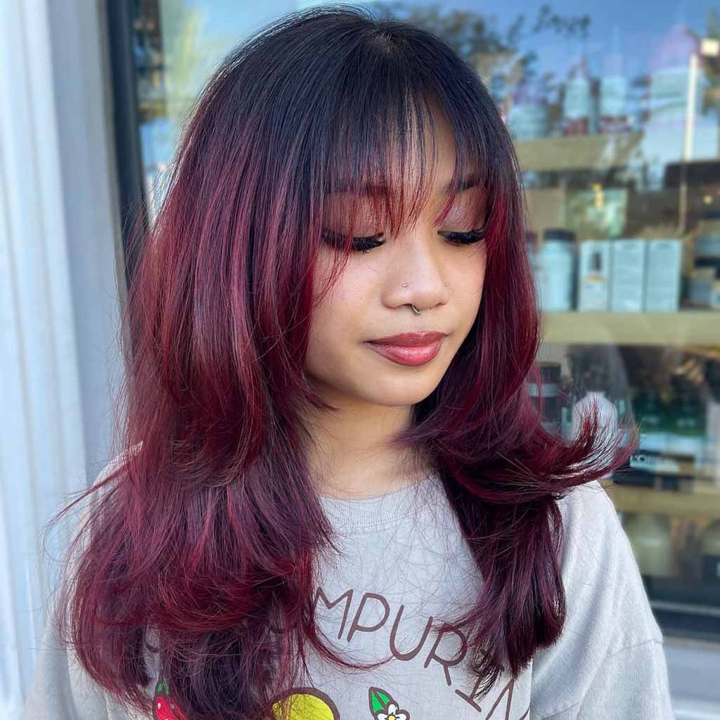 Burgundy Blowout Medium Hair With Long Wispy Bangs