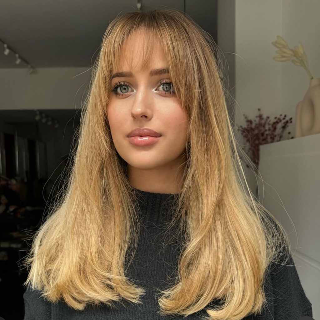 Wispy Bangs With Face Framing Layers on Long Blonde Hair