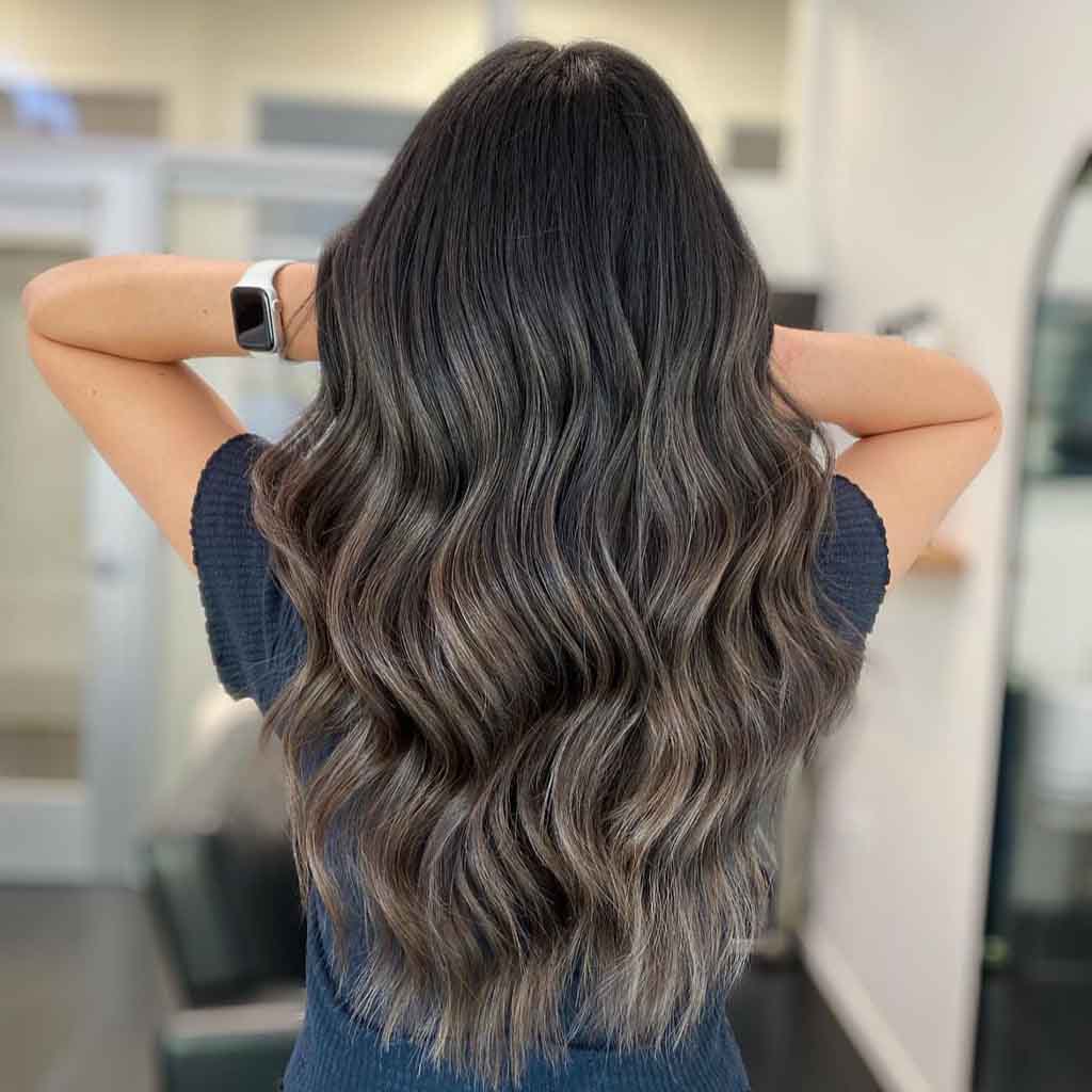 Black Hair with Ashy Brunette Highlights
