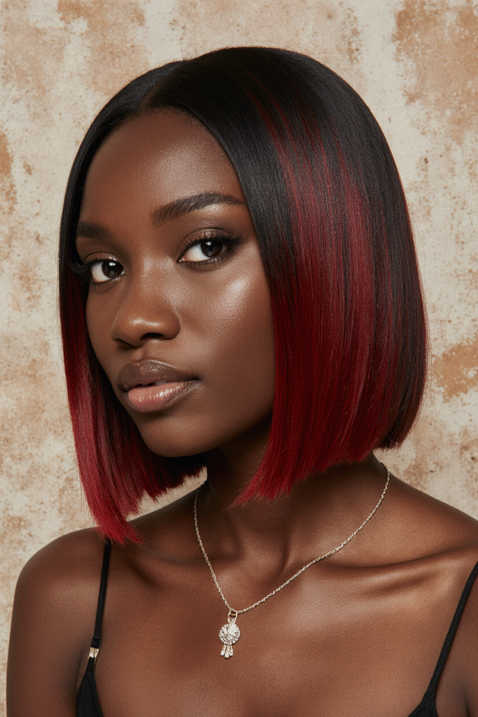 20 Peekaboo Highlights for Black Women 8 a beautiful young cute black woman with a sleek bob hairstyle featuring vibrant red peekaboo highli w9haftr3suu9124b96tk 1