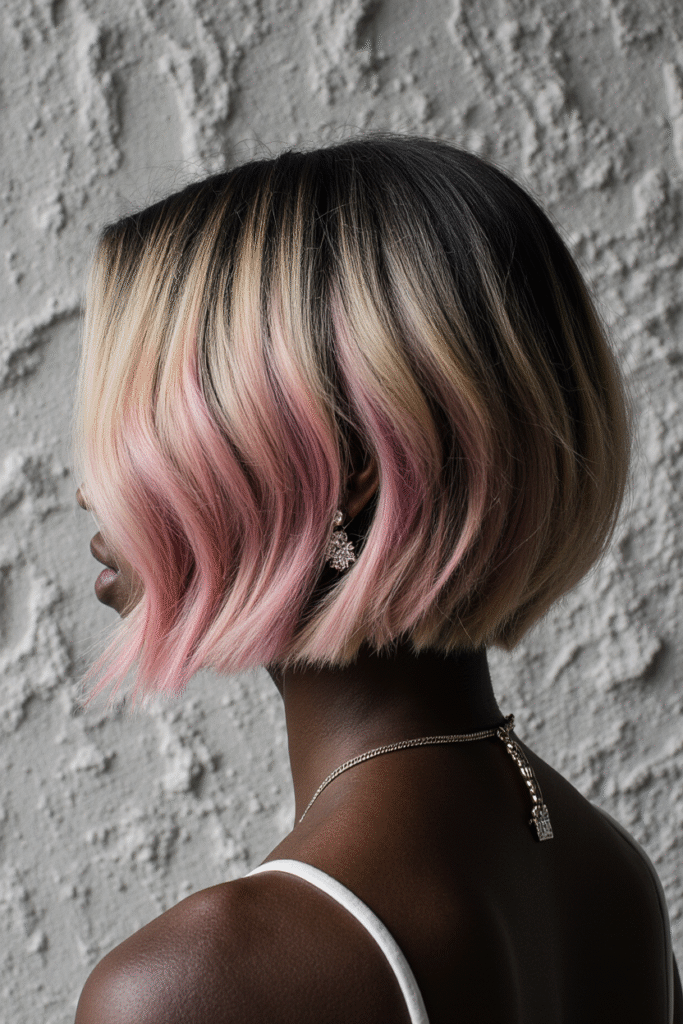 20 Peekaboo Highlights for Black Women 7 a black woman with a chic layered bob hairstyle featuring pink and blonde peekaboo highlights the f vv45fsc3zcrqsnx8xqdf 1
