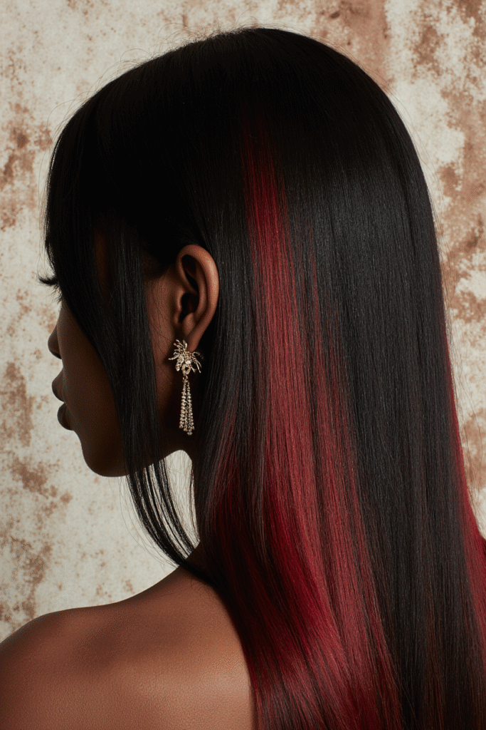 20 Peekaboo Highlights for Black Women 3 a black woman with straight long hair featuring subtle red peekaboo highlights the hairstyle flows lthqgyqnb3yk2aegxqms 1