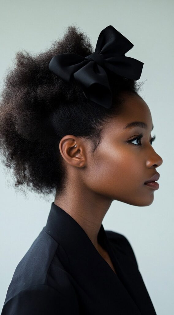 25 Best Bow Hairstyles 9 afro puff with oversized bow