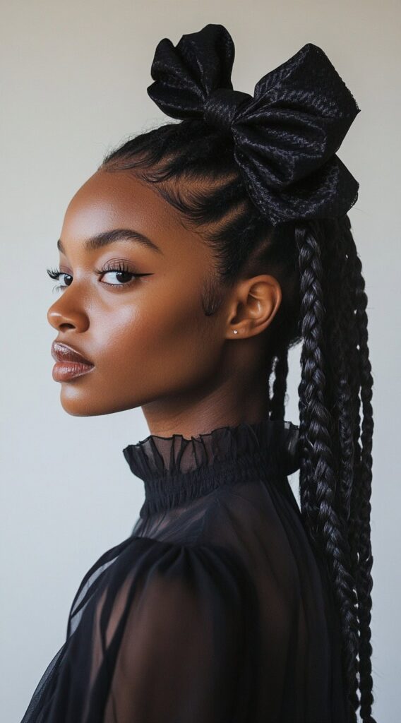 25 Best Bow Hairstyles 12 braided ponytail with high bow