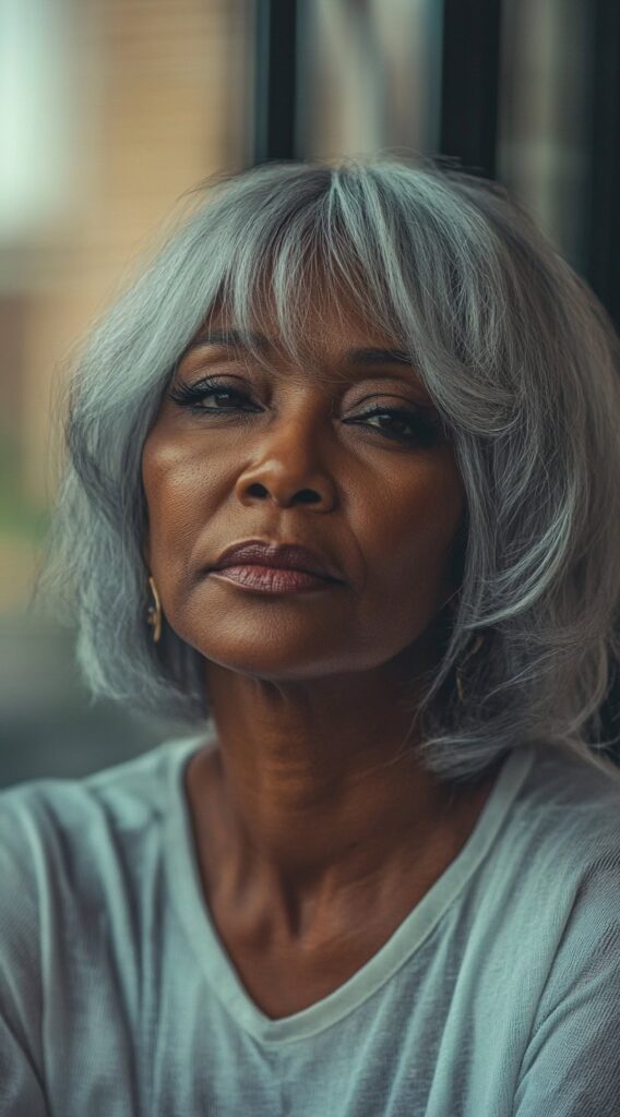 19 Stunning Bob Hairstyles for Older Black Women 7 soft silver bob with feathered bangs