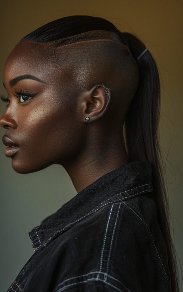 Shaved Sides with Ponytail for Black Women: 27 Stylish and Bold Ideas for Your Next Look 17 textured high bun with shaved sides 1