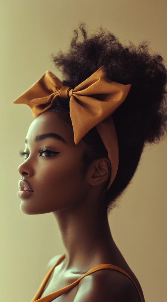25 Best Bow Hairstyles 5 voluminous afro puff with large bow