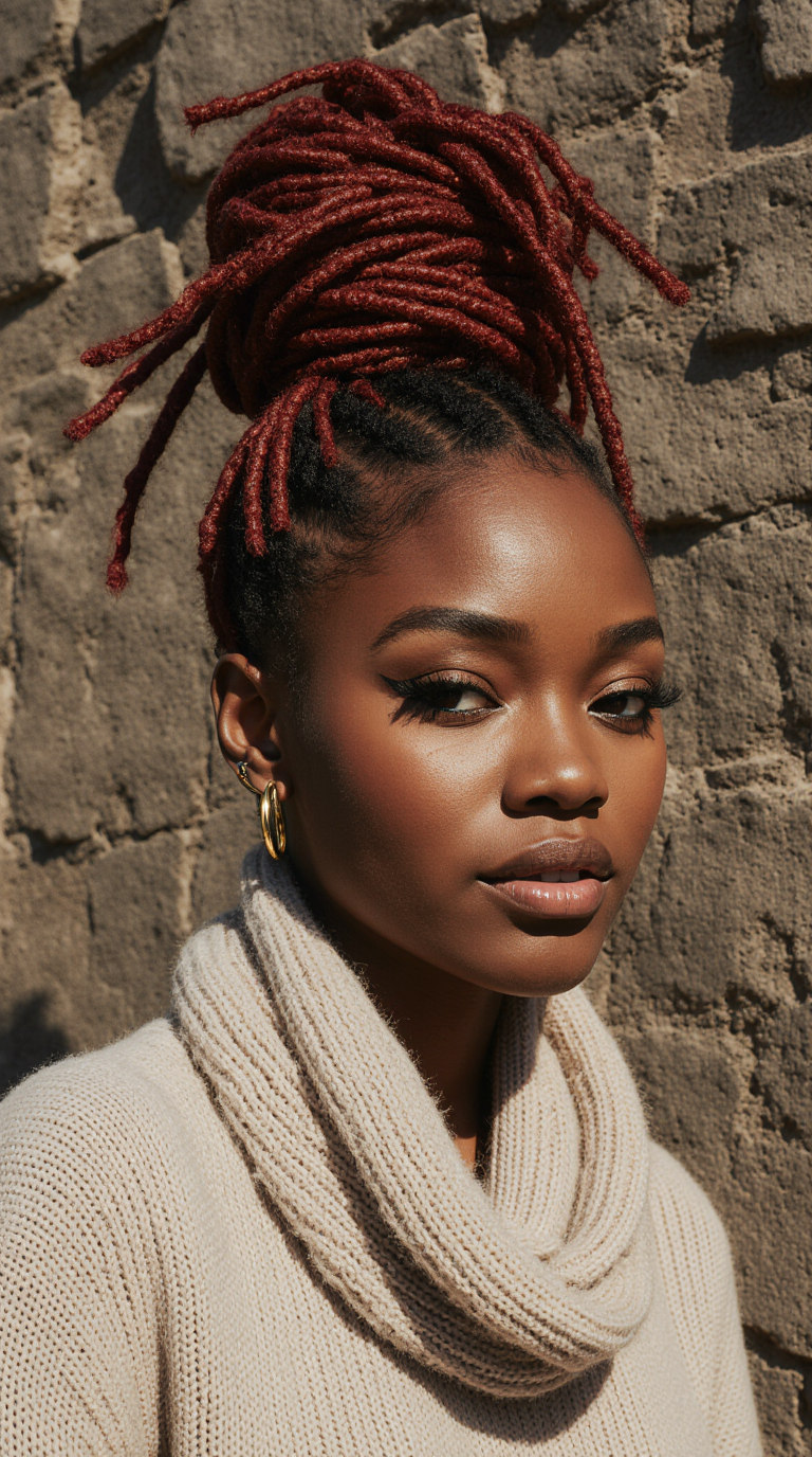 10 Stunning Hairstyles for Black Women! 9 Boxed Red Dreadlocks Tied Up in a Top Bun