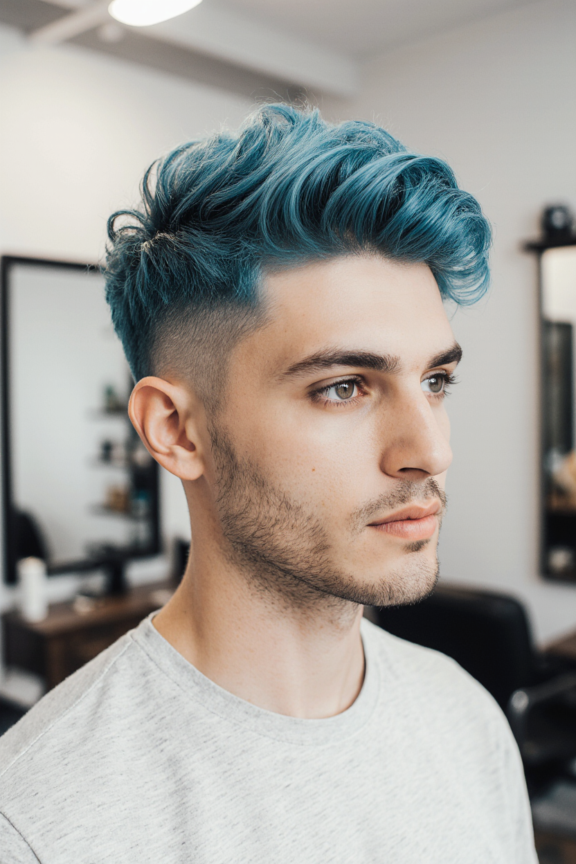 15 Stylish Men Hair With Highlights 13 Curly Sky Blue Taper with Shadow Fade